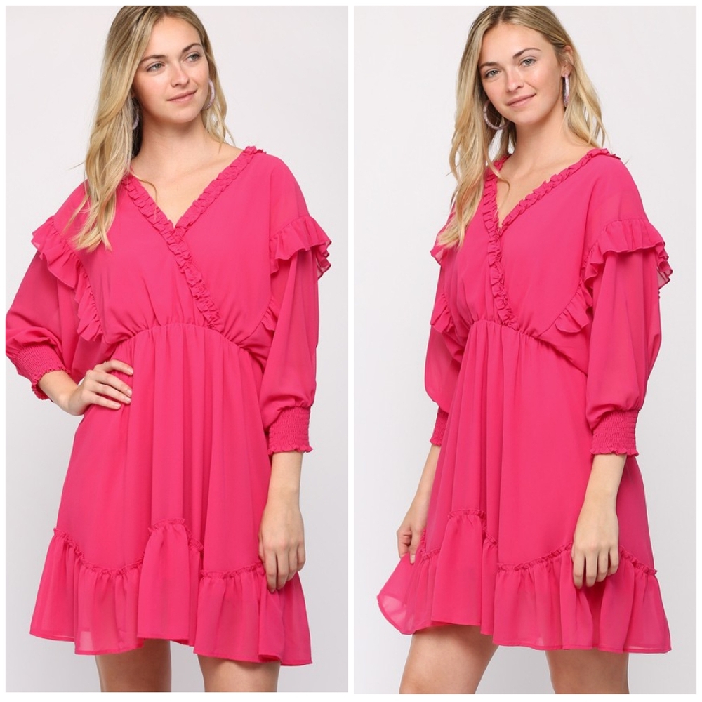 GIGIO Hot Pink 3/4 Batwing Short Dress - Picture 4 of 6
